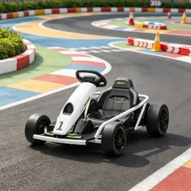 White 24V High-Speed Electric Drift Go Kart: Kids Ride-On Racing Vehicle With 2 Speeds For 8-12 Years Old