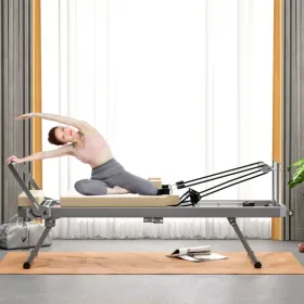 Pilates Reformer Machine For Home Gym Workout, Foldable Pilates Equipment With High Strength Alloy Springs For Beginners, Up To 330Lbs,Beige